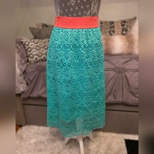 LuLaRoe Lace Midi Skirt in Coral and Teal Lace